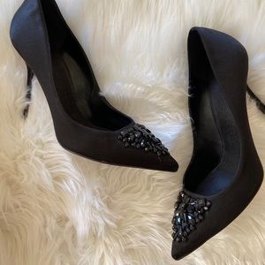 4” black satin stilettos - Size 10